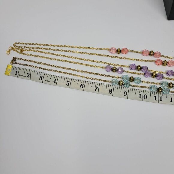 Necklace Opera 28" Gold Tone Chain Pastel Beaded Pink Blue Purple 3pc Set - Picture 10 of 13